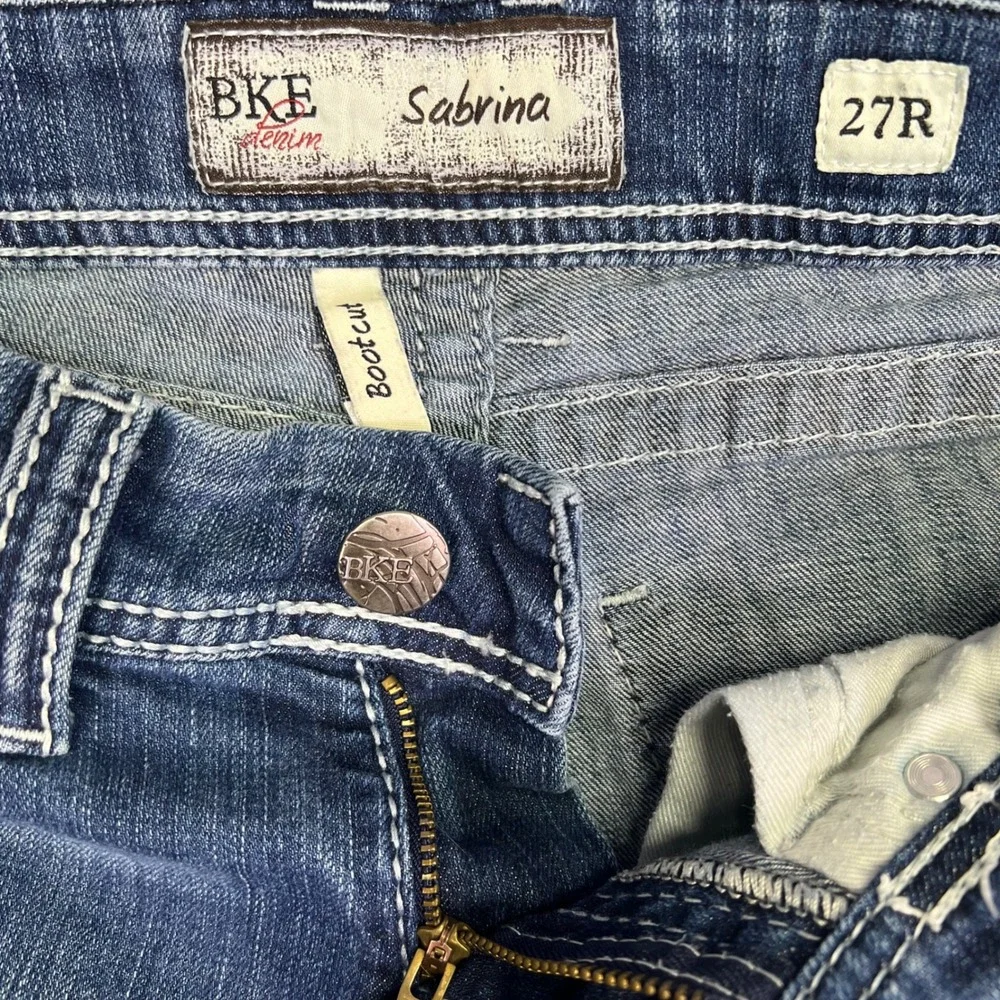 BKE Sabrina Bootcut Jeans Womens 30x28 Blue Distressed Low Rise Thick Stitch Y2K